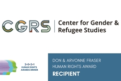 [ai] Logo for the Center for Gender & Refugee Studies (CGRS) at the top, with a blue section below stating "Don & Arvonne Fraser Human Rights Award" and the word "RECIPIENT", accompanied by an emblem with colorful silhouettes.